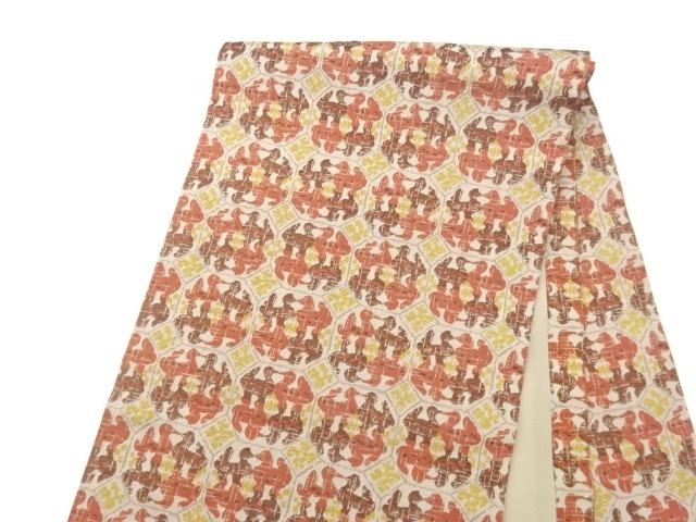  抽象向かい動物模様織出し開き名古屋帯（額縁仕立て）